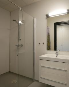 a bathroom with a sink and a shower with a mirror at Evje Folkehøgskole in Evjemoen