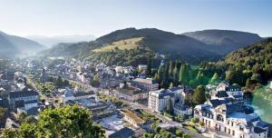 an aerial view of a city with mountains at Appartement T 2 in La Bourboule