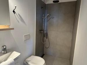 a bathroom with a shower with a toilet and a sink at Mountain View Apartment at Rauðafell in Hvolsvöllur