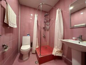 a pink bathroom with a toilet and a shower at Republic Square FAMILY 2 bedroom 2 bathroom in Yerevan +14 photos