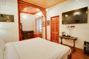 a bedroom with a bed and a flat screen tv at Danish Villa Heritage Property in Shimla