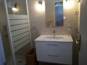 a bathroom with a sink and a mirror and a shower at Maison Gwel Kaer in Perros-Guirec