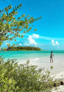 a man standing on a beach in the ocean at The Sandora Villa in Biladu