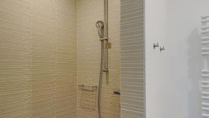 a shower stall with a shower head in a bathroom at Ferienhaus Wreechen 25, Haus 2 in Putbus +16 photos