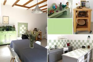 a collage of photos of a kitchen and a dining room at Les Hauts De Font Moure in Saint-Georges-des-Agoûts