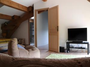 a living room with a couch and a television at Le Gîte du Petit Verdot in Béziers