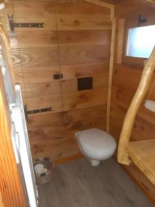 a bathroom with a toilet and a wooden wall at Gîte à la ferme- Chalet à la nuitée in Mazan-lʼAbbaye