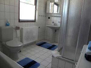 a bathroom with a toilet and a sink and a shower at Haus Peeneblick in Freest +5 photos