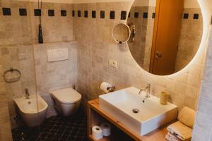 a bathroom with a sink and a toilet and a mirror at Apartment Andreas - Gallhof in Vollan