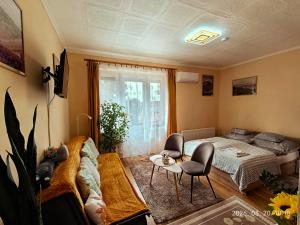 a living room with a couch and a bed at Karancs Apartman Salgótarján in Salgótarján