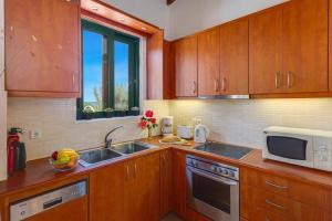 a kitchen with wooden cabinets and a sink and a microwave at Villa Anna Maria by Villa Plus in Pírgos Psilonérou