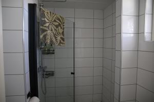a bathroom with a shower with a glass door at Schwedisches Waldcottage Fluss & Wanderwege in Fristad +25 photos