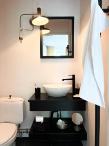 a bathroom with a sink and a toilet and a mirror at House on the hill in Södra Persby +44 photos