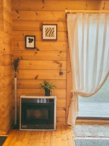 a living room with a television and a window at July In Furano in Nakafurano