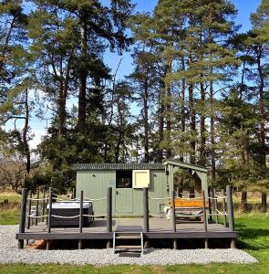 a small green house with two chairs on a dock at Firbank Park Shepherd Huts in Dinnet