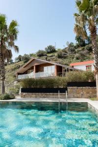 a swimming pool in front of a house with palm trees at Bianca Hotel & Villa Tirana in Tirana
