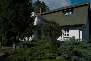 a white house with a black roof at Dworek Drawa in Drezdenko