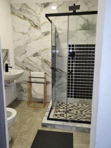 a bathroom with a shower with a toilet and a sink at Villa Tlhago Lodge in Ga-Mothapo +27 photos