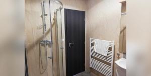a shower with a glass door in a bathroom at Apartmány Puerto in Senec +53 photos
