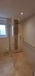 a bathroom with a shower with a glass door at Ferienwohnung zum Albuch in Nördlingen +35 photos