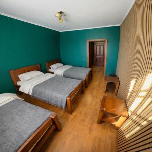 two beds in a room with green walls at Mohh prostir vidpochinky in Mohnate