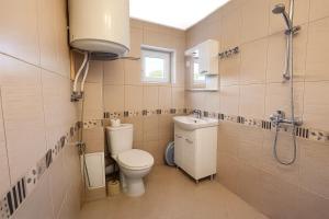 a bathroom with a toilet and a sink and a shower at Къщата с чешмата in Veliko Tŭrnovo +54 photos