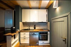 a kitchen with white cabinets and a sink and a stove at Guesthouse340 in Roman +10 photos