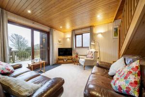 a living room with a leather couch and a television at E42 - Nare in Truro