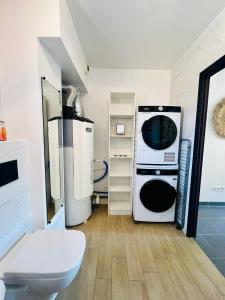 a bathroom with a washer and dryer and a toilet at L'Escale paisible in Gardanne +1 photo