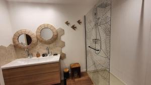 a bathroom with a sink and a shower at T'nature à Château Chalon in Château-Chalon