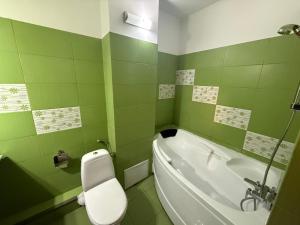 a green and white bathroom with a tub and a toilet at Green Paradise in Curtea de Argeş