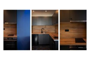 three different views of a kitchen with wooden cabinets at Poseidon 5 in Paralia Katerinis
