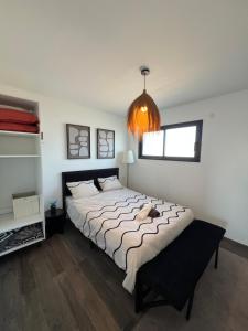 a bedroom with a large bed and a pendant light at Les Appartements chez Hanene in Le Grau-du-Roi