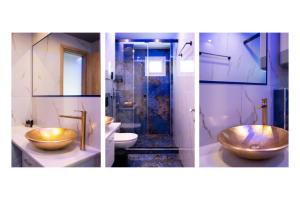 three pictures of a bathroom with two sinks and a shower at Poseidon 5 in Paralia Katerinis +16 photos