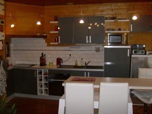 a kitchen with gray cabinets and white appliances at logis des comtes in Bramevaque