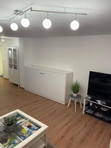 a living room with a tv and a table at Peter's Ferienwohnung Nahe Rust, Kehl, Straßburg, Offenburg in Neuried +6 photos