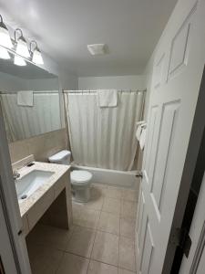 a bathroom with a sink and a toilet and a shower at Budget Inn - Cambridge in Fairdale