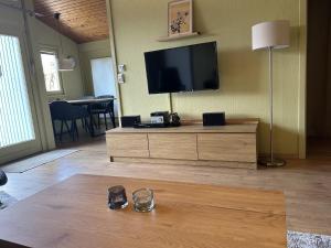 a living room with a flat screen tv on a wooden entertainment center at DeichLand117 in Butjadingen