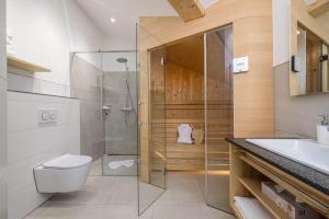 a bathroom with a shower and a toilet and a sink at Schmuckstück Ferienapartments Bodenmais inkl aktivCARD in Bodenmais +45 photos
