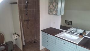 a bathroom with a sink and a shower at Søndergaarden in Øster Ulslev