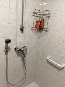 a bathroom with a shower with a hose at Varakoti Helmi in Loimaa +12 photos