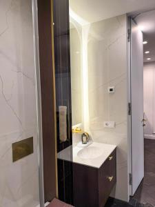 a bathroom with a sink and a shower at Vilnius Luxurious flat in Vilnius +15 photos