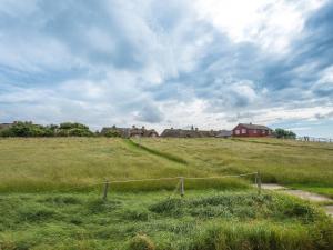 a field of grass with a red house in the background at Ferienhaus Petersen in Langeneß