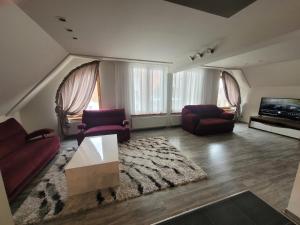 a living room with two couches and a rug at Lake Hill Giżycko in Giżycko