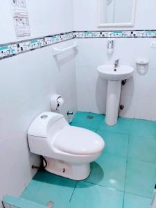 a bathroom with a white toilet and a sink at Hotel Ocean Beach Paracas in Paracas