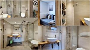a collage of four pictures of a bathroom at Pension Linde in Höchenschwand