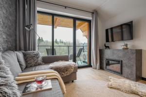 a living room with a couch and a fireplace at BANIA BLACK MOUNTAIN I basen & spa in Białka Tatrzańska