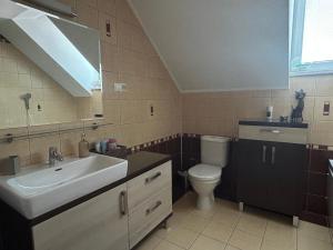 a bathroom with a sink and a toilet at Dom pri Veži in Košice +22 photos