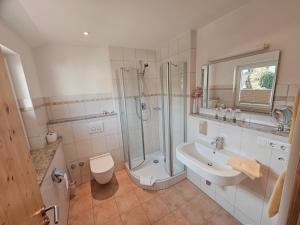 a bathroom with a shower and a sink and a toilet at Bürgerstüble in Sankt Peter +21 photos