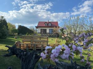 a house with a red roof on a field with flowers at Dom pri Veži in Košice